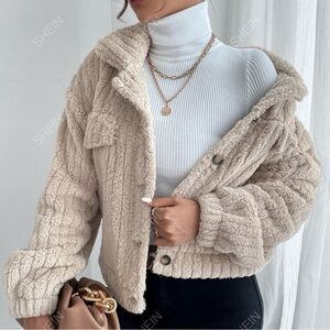 Drop Shoulder Button Front Flannel Jacquard Grain Jacket